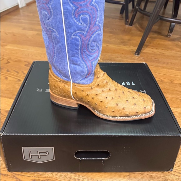 Horsepower Ostrich Men's Western Boots in Tan and Blue. - Picture 2 of 9